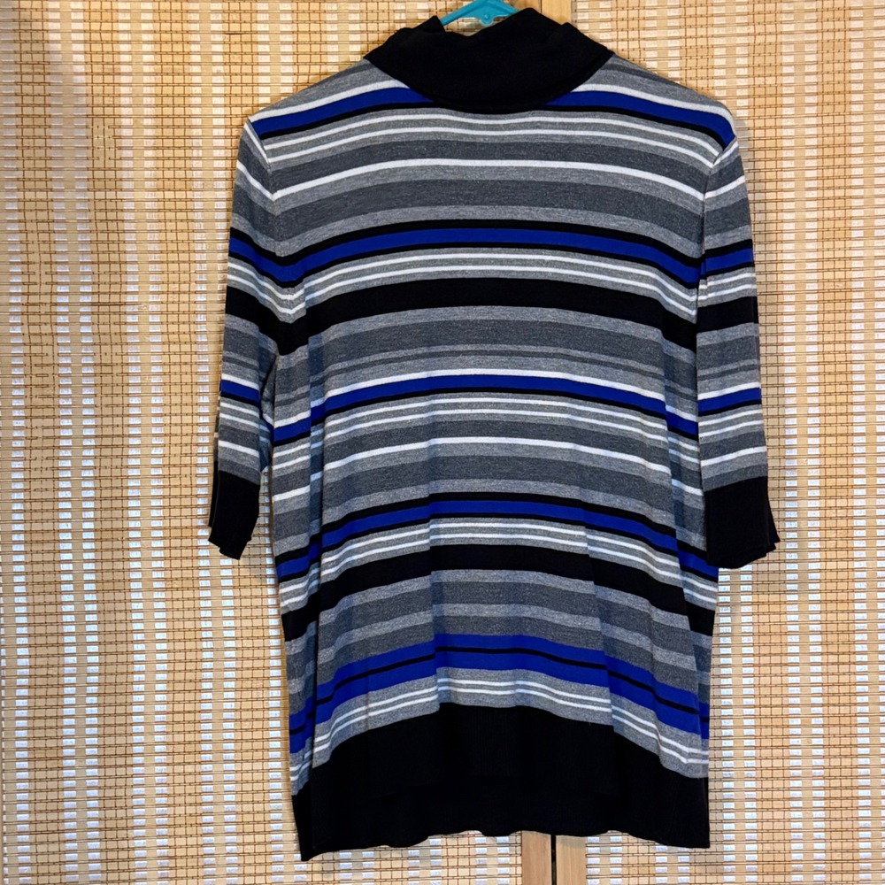 Liz Claiborne Womens XL Mock Neck Elbow Sleeve‎ Striped Sweater Blue Grey Black